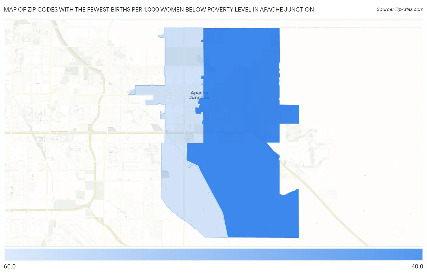 Zip Codes with the Fewest Births per 1,000 Women Below Poverty Level in Apache Junction Map