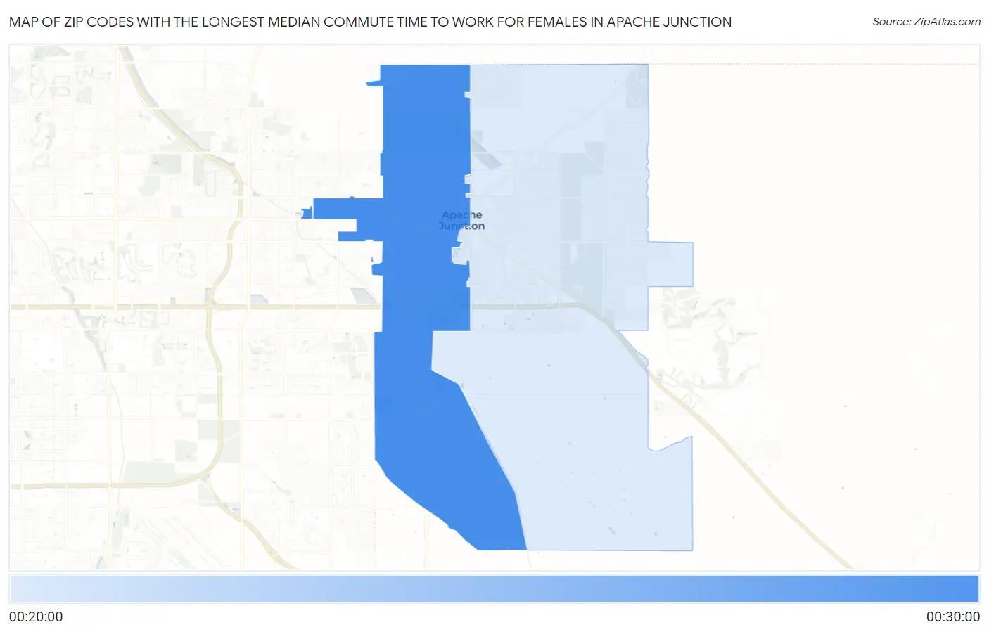 Zip Codes with the Longest Median Commute Time to Work for Females in Apache Junction Map