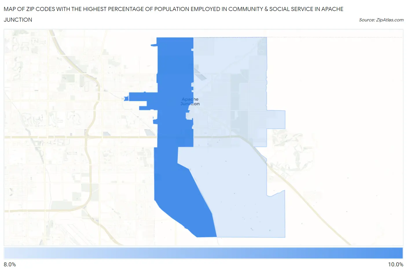 Zip Codes with the Highest Percentage of Population Employed in Community & Social Service  in Apache Junction Map