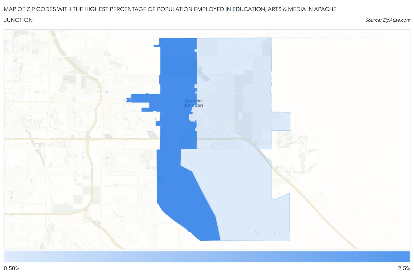 Zip Codes with the Highest Percentage of Population Employed in Education, Arts & Media in Apache Junction Map