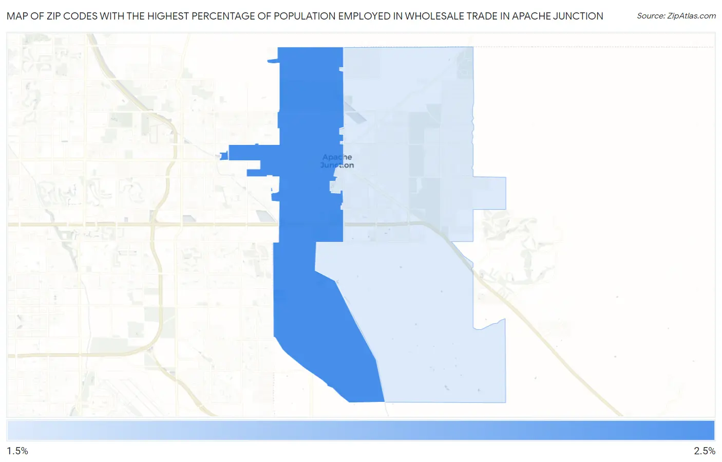 Zip Codes with the Highest Percentage of Population Employed in Wholesale Trade in Apache Junction Map
