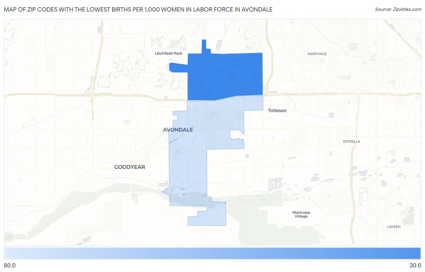 Zip Codes with the Lowest Births per 1,000 Women in Labor Force in Avondale Map