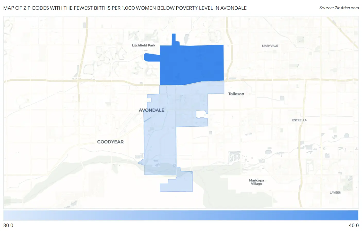 Zip Codes with the Fewest Births per 1,000 Women Below Poverty Level in Avondale Map