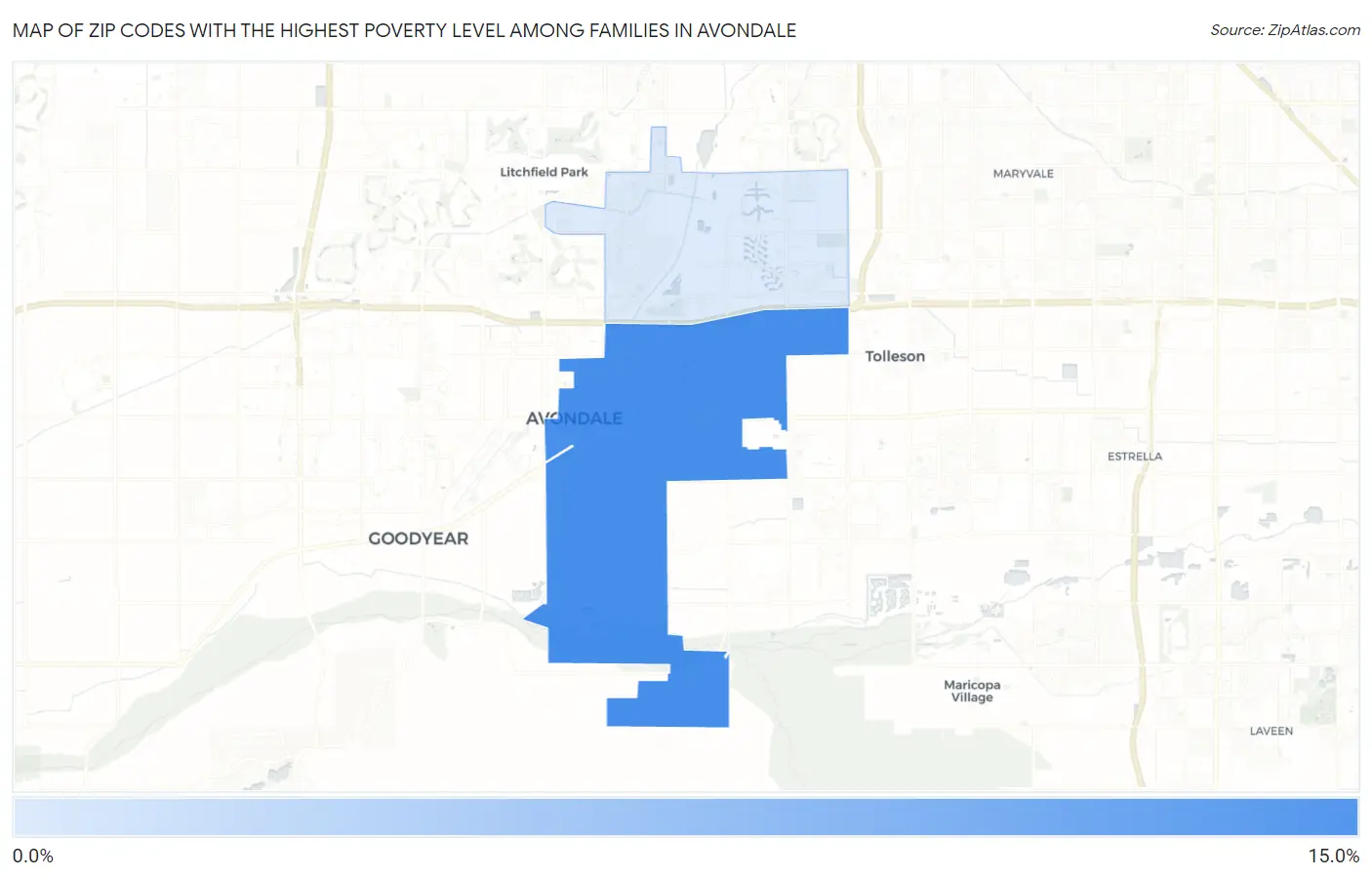 Zip Codes with the Highest Poverty Level Among Families in Avondale Map