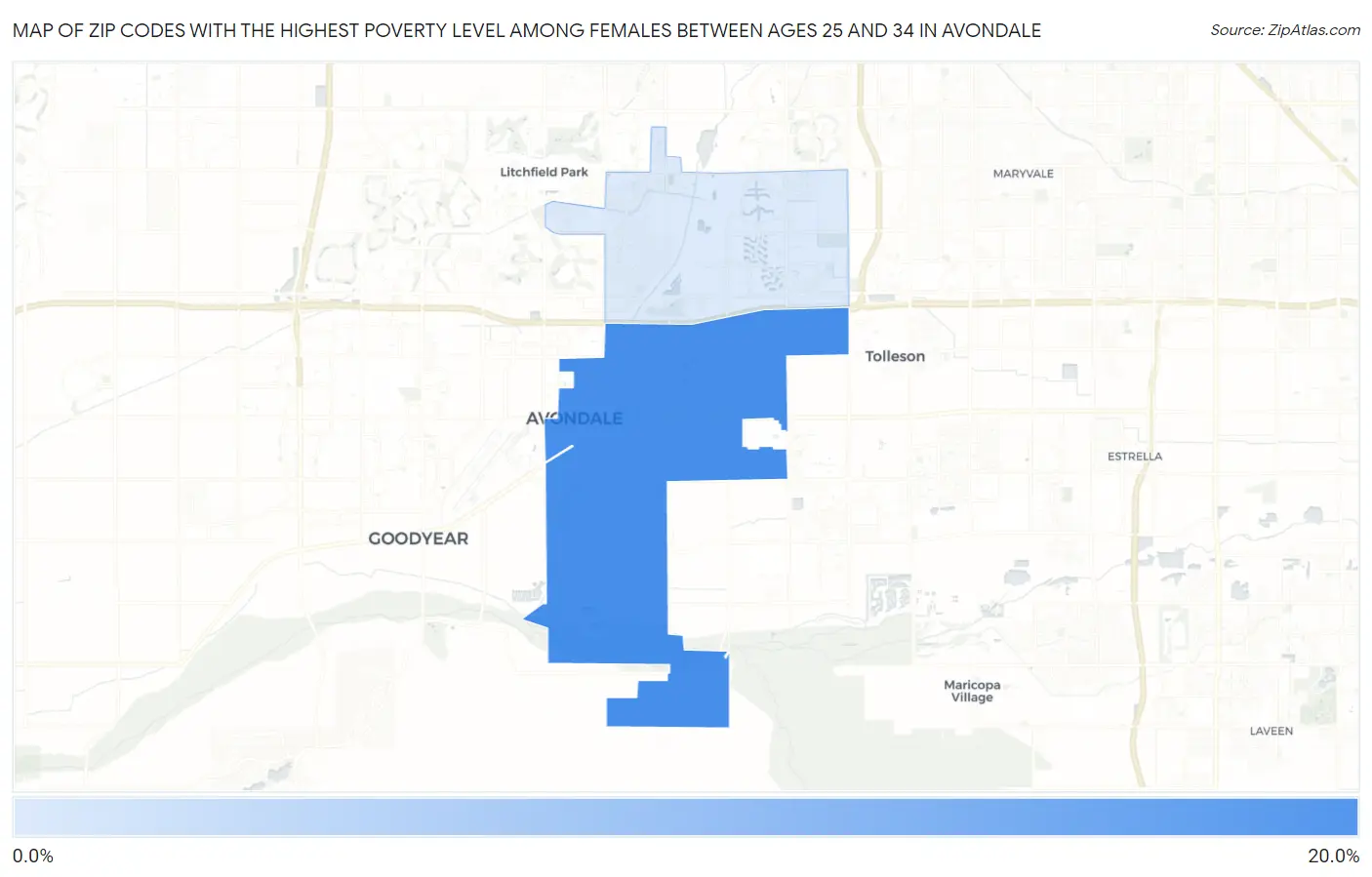 Zip Codes with the Highest Poverty Level Among Females Between Ages 25 and 34 in Avondale Map