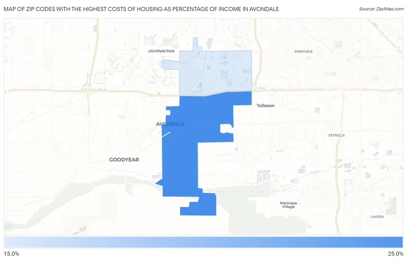 Zip Codes with the Highest Costs of Housing as Percentage of Income in Avondale Map
