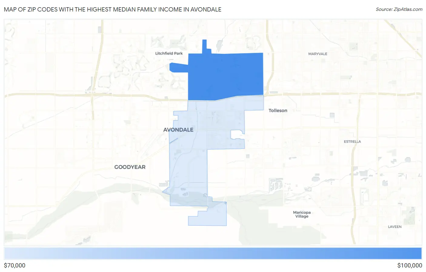 Zip Codes with the Highest Median Family Income in Avondale Map