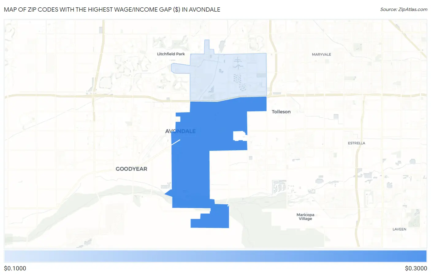 Zip Codes with the Highest Wage/Income Gap ($) in Avondale Map