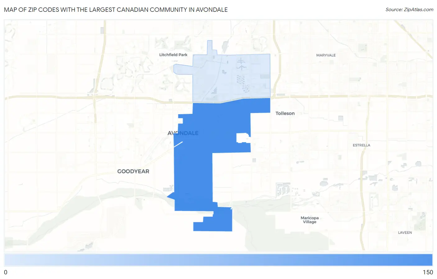 Zip Codes with the Largest Canadian Community in Avondale Map
