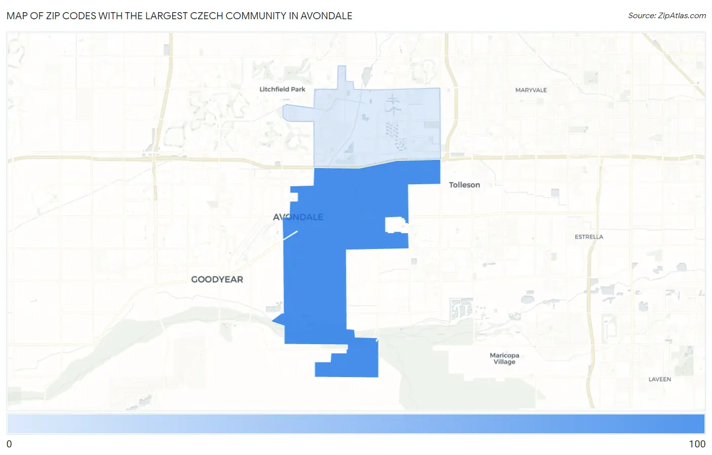 Zip Codes with the Largest Czech Community in Avondale Map