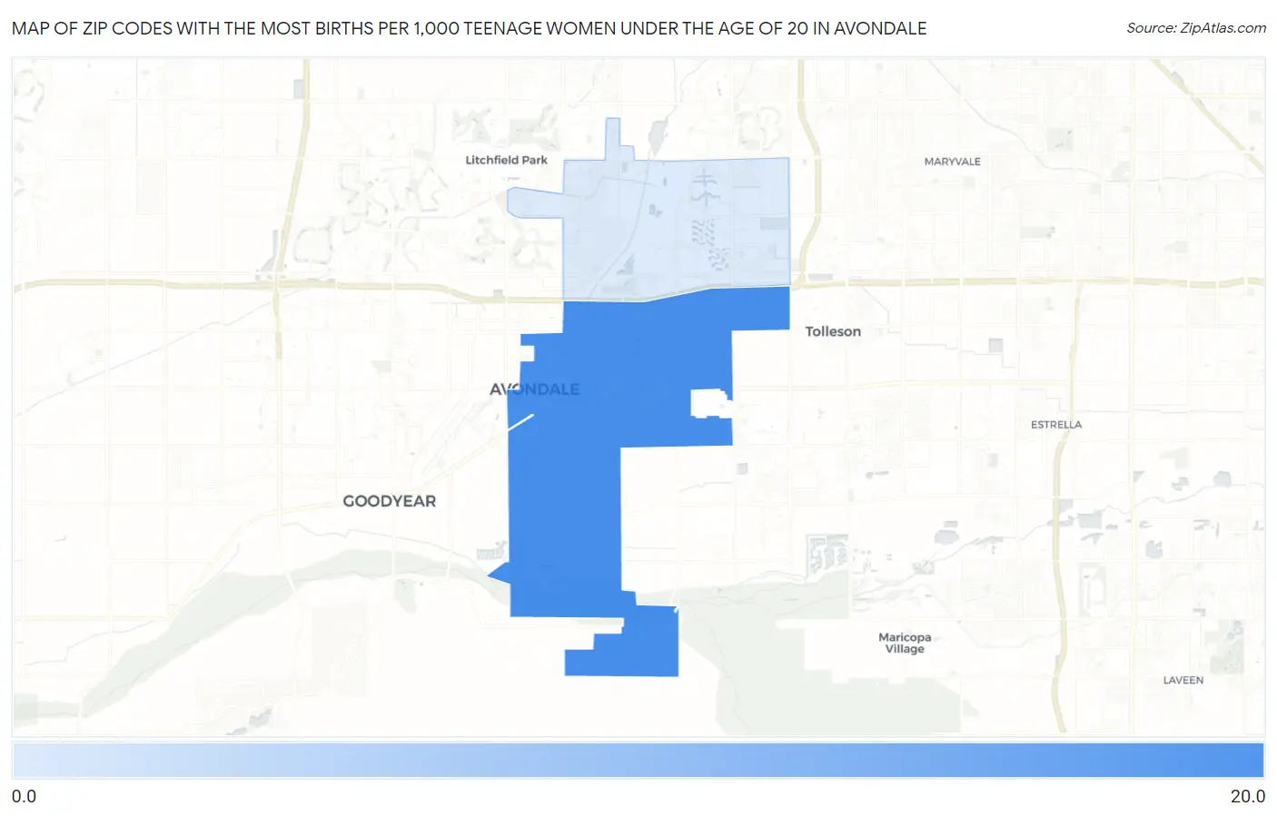 Zip Codes with the Most Births per 1,000 Teenage Women Under the Age of 20 in Avondale Map