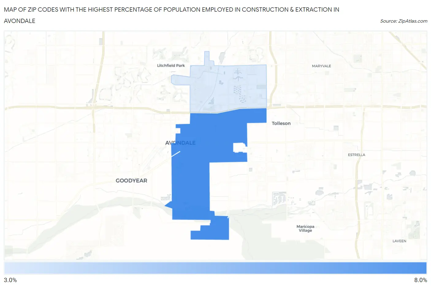 Zip Codes with the Highest Percentage of Population Employed in Construction & Extraction in Avondale Map