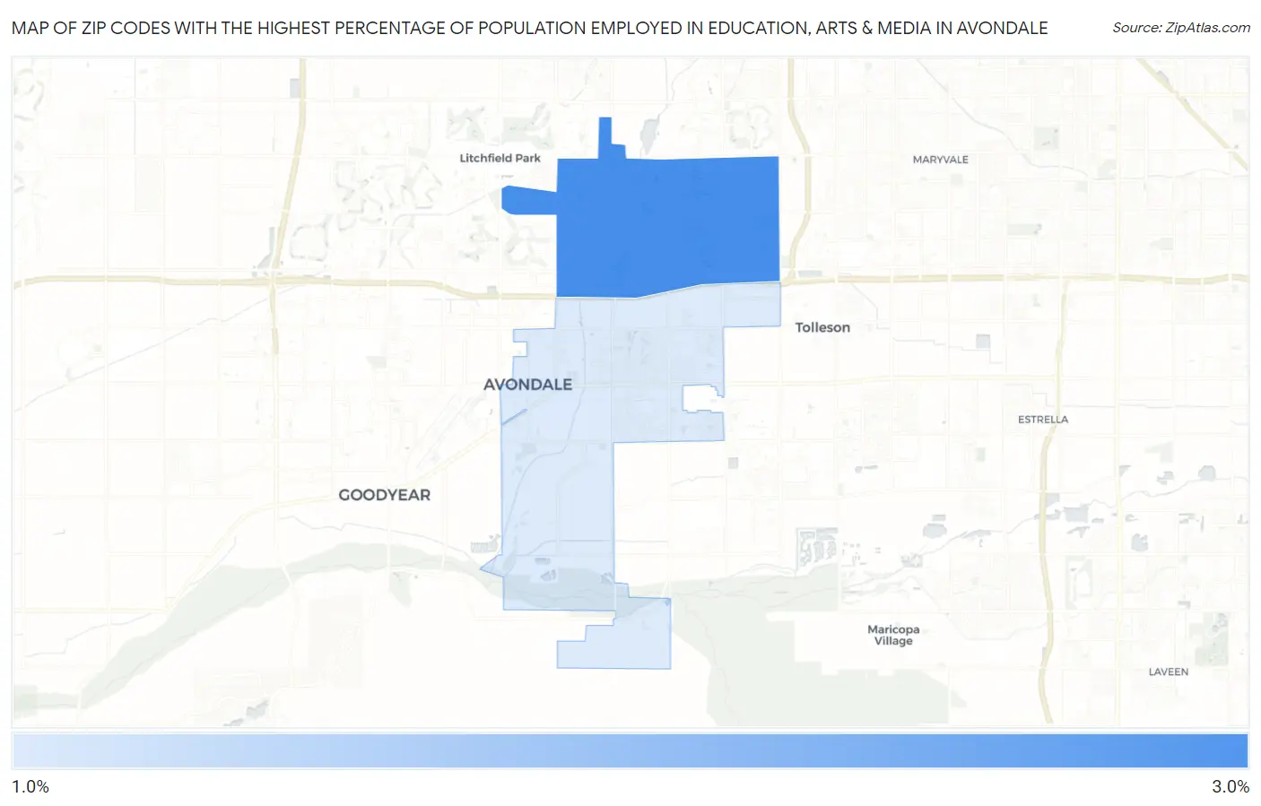 Zip Codes with the Highest Percentage of Population Employed in Education, Arts & Media in Avondale Map