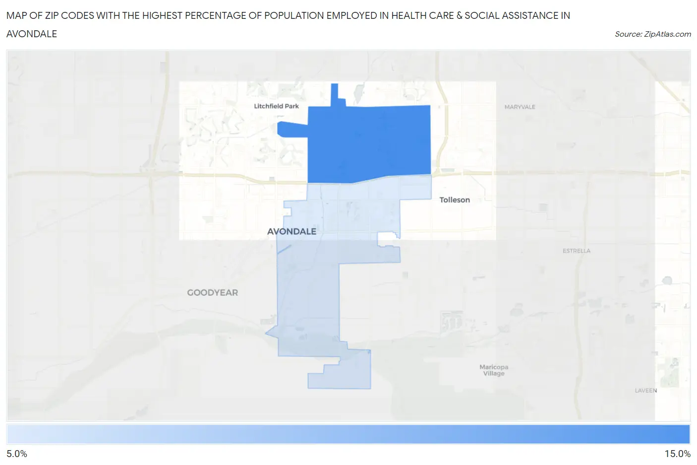 Zip Codes with the Highest Percentage of Population Employed in Health Care & Social Assistance in Avondale Map