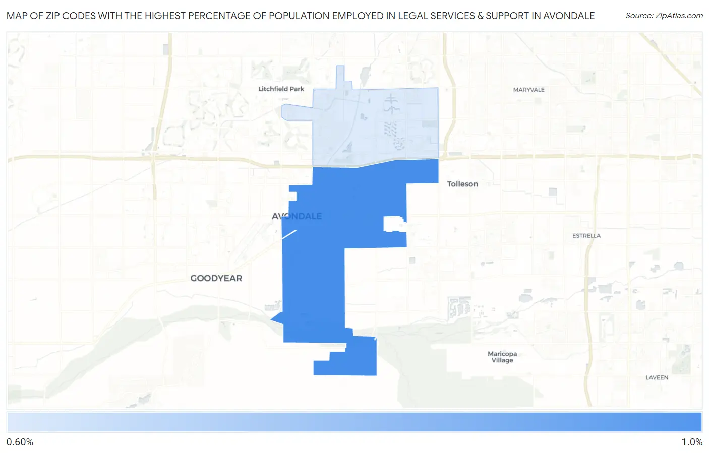 Zip Codes with the Highest Percentage of Population Employed in Legal Services & Support in Avondale Map