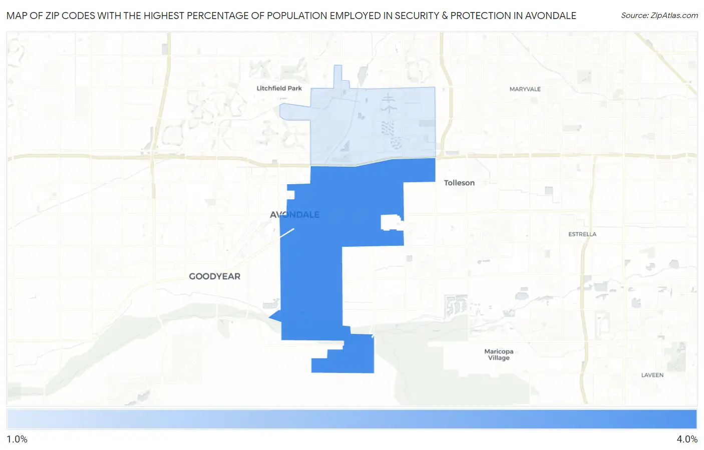 Zip Codes with the Highest Percentage of Population Employed in Security & Protection in Avondale Map