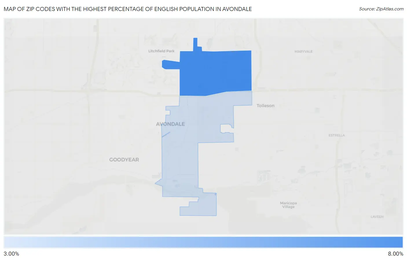Zip Codes with the Highest Percentage of English Population in Avondale Map