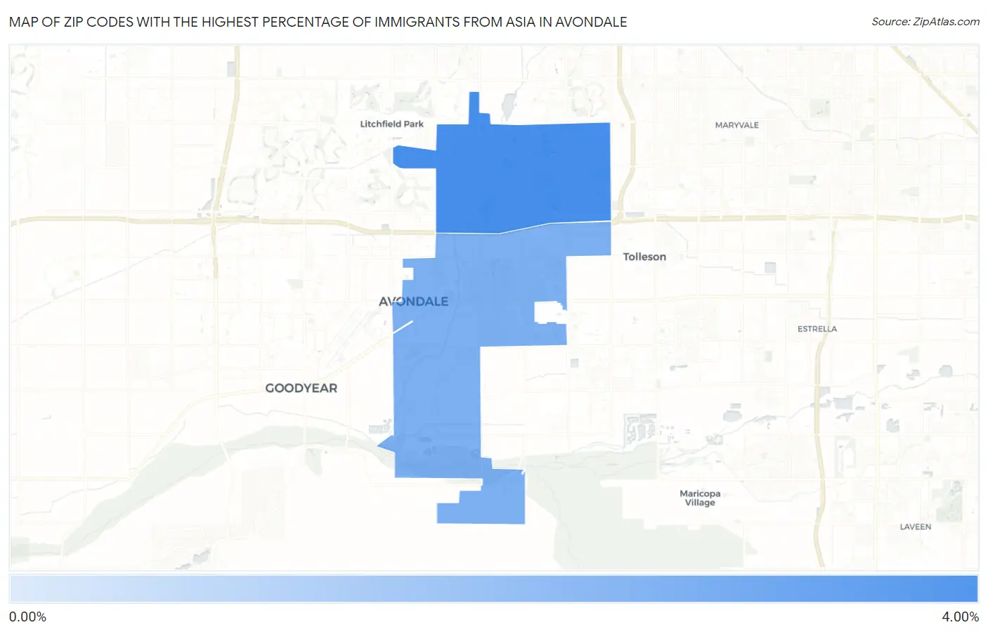 Zip Codes with the Highest Percentage of Immigrants from Asia in Avondale Map