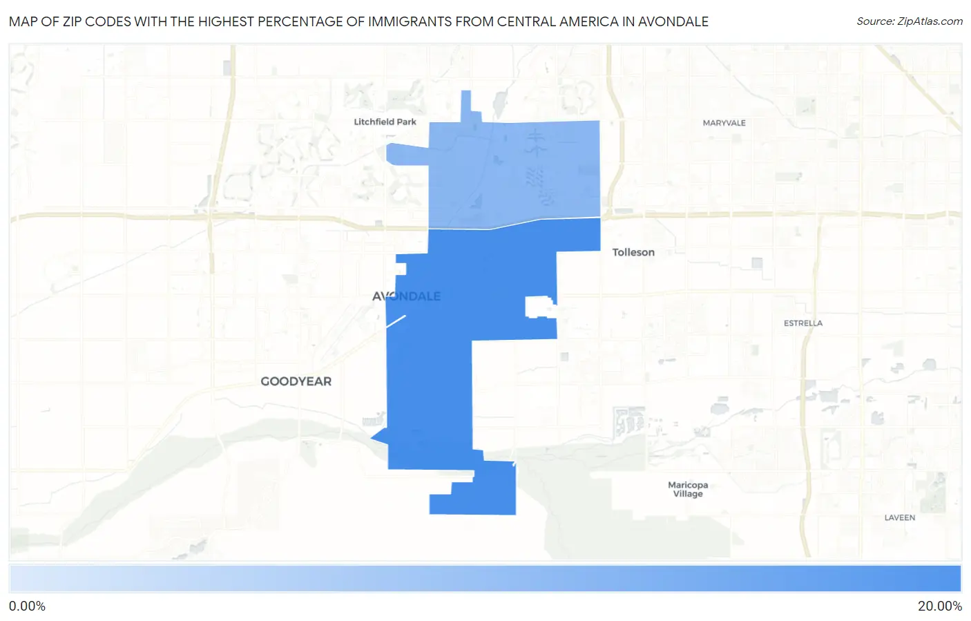 Zip Codes with the Highest Percentage of Immigrants from Central America in Avondale Map