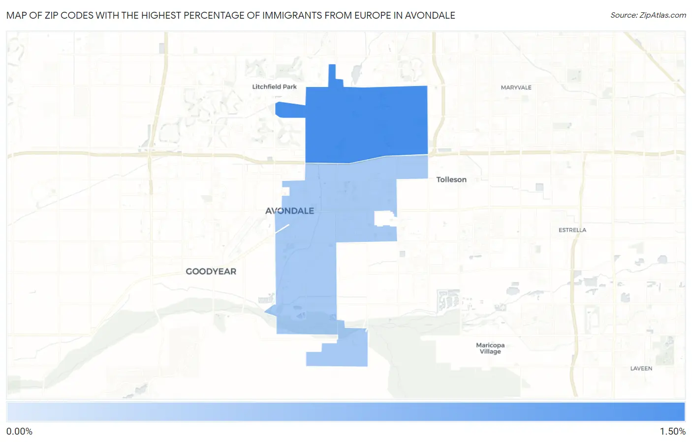 Zip Codes with the Highest Percentage of Immigrants from Europe in Avondale Map