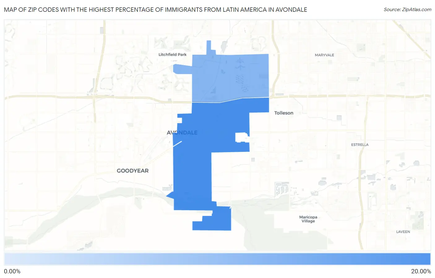 Zip Codes with the Highest Percentage of Immigrants from Latin America in Avondale Map