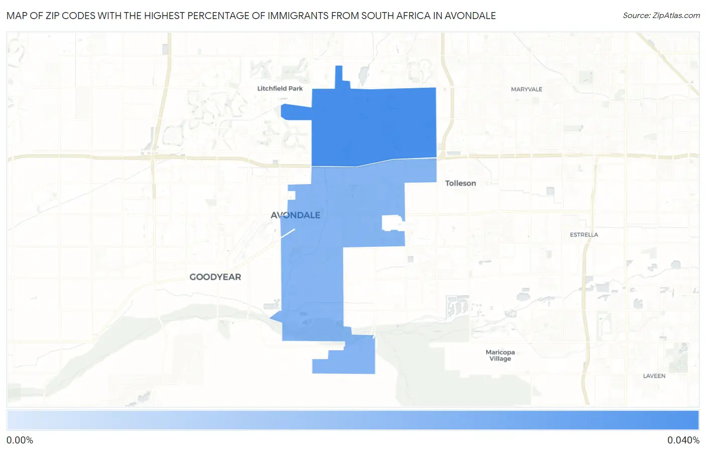 Zip Codes with the Highest Percentage of Immigrants from South Africa in Avondale Map