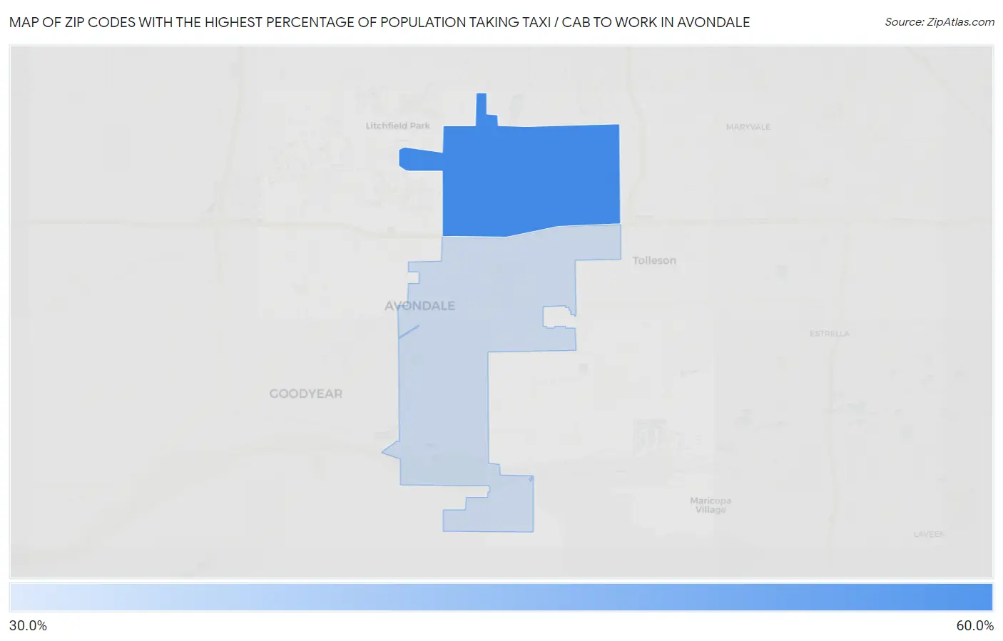 Zip Codes with the Highest Percentage of Population Taking Taxi / Cab to Work in Avondale Map