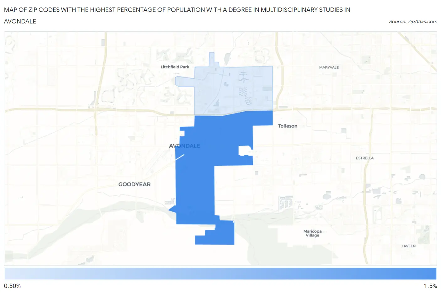 Zip Codes with the Highest Percentage of Population with a Degree in Multidisciplinary Studies in Avondale Map