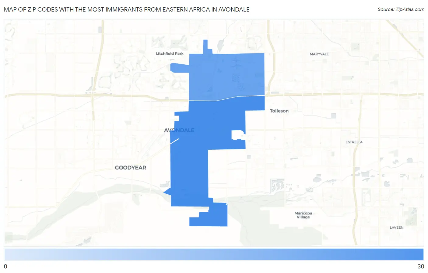 Zip Codes with the Most Immigrants from Eastern Africa in Avondale Map