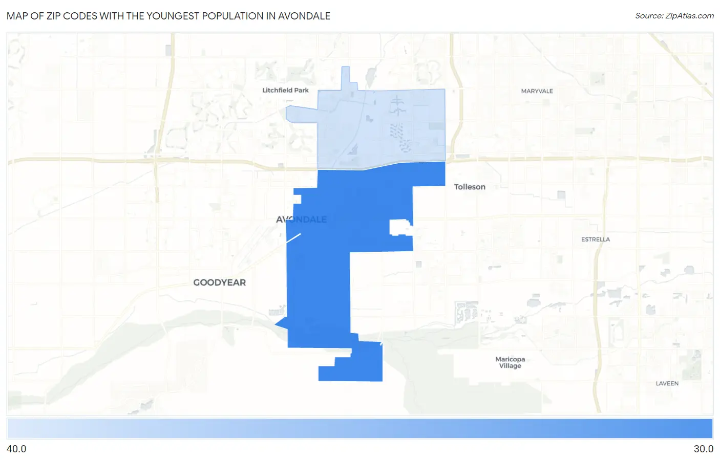 Zip Codes with the Youngest Population in Avondale Map