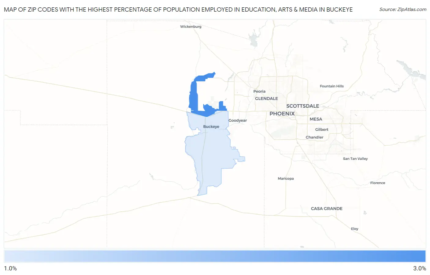 Zip Codes with the Highest Percentage of Population Employed in Education, Arts & Media in Buckeye Map