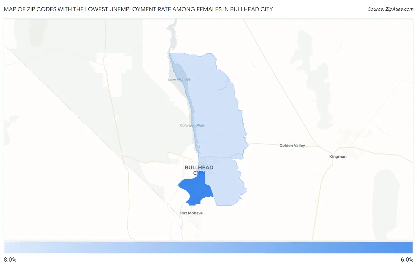 Zip Codes with the Lowest Unemployment Rate Among Females in Bullhead City Map