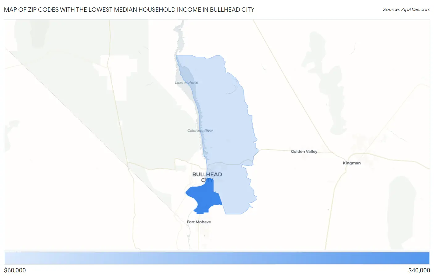 Zip Codes with the Lowest Median Household Income in Bullhead City Map
