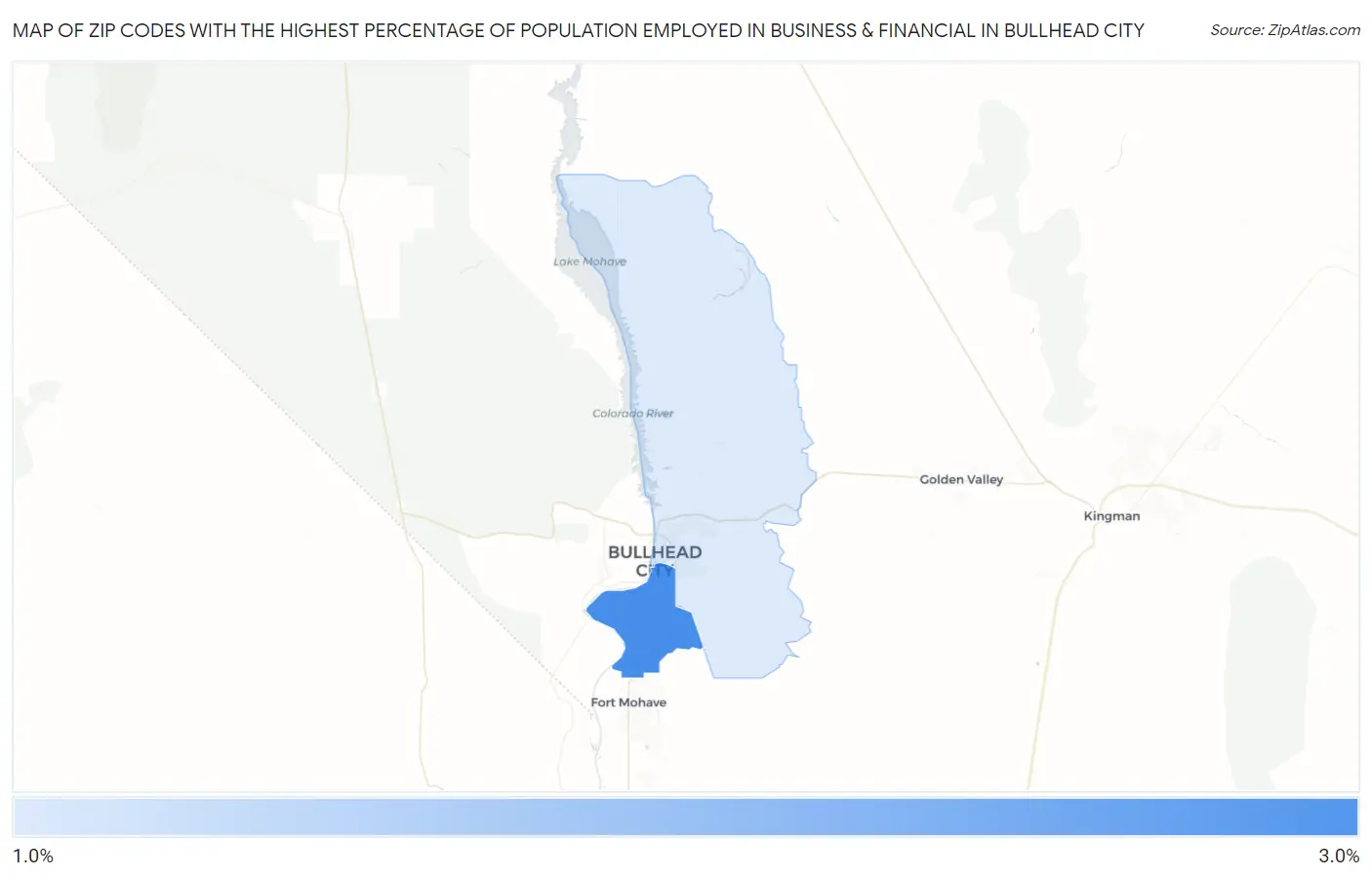 Zip Codes with the Highest Percentage of Population Employed in Business & Financial in Bullhead City Map