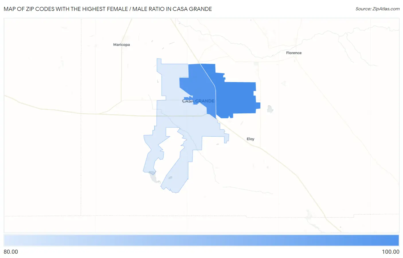 Zip Codes with the Highest Female / Male Ratio in Casa Grande Map