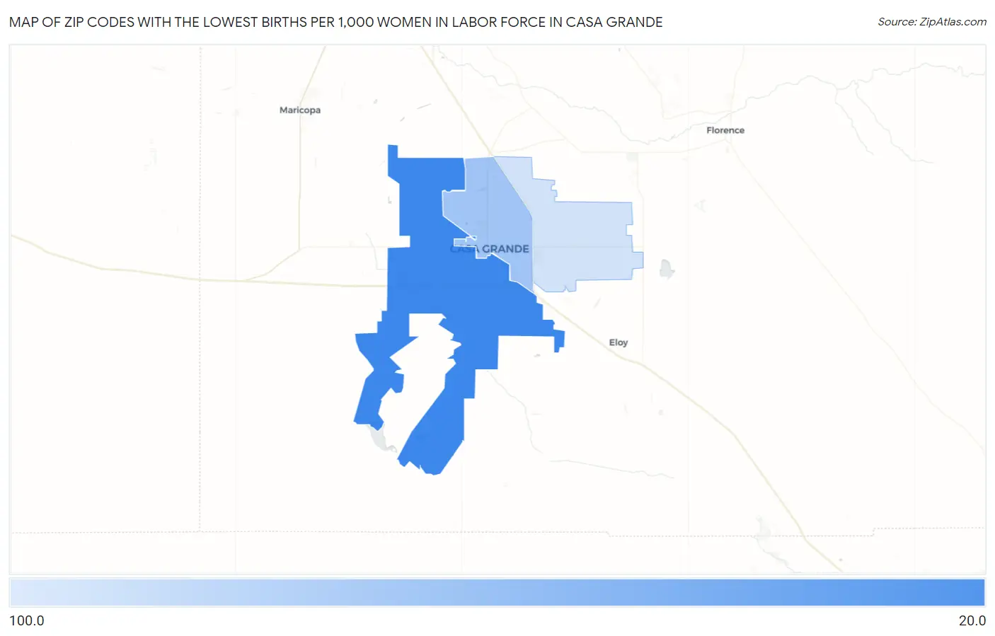 Zip Codes with the Lowest Births per 1,000 Women in Labor Force in Casa Grande Map