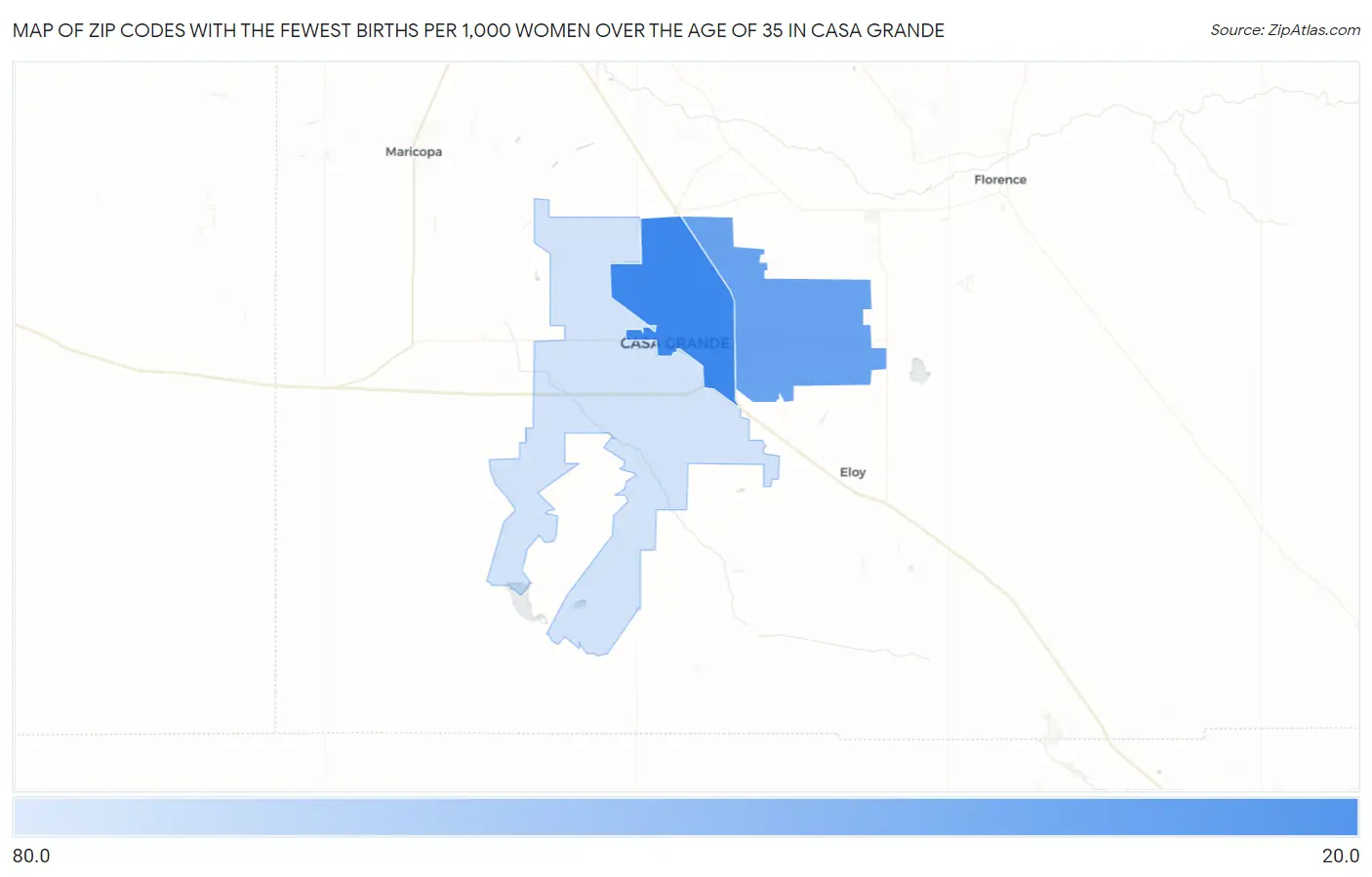 Zip Codes with the Fewest Births per 1,000 Women Over the Age of 35 in Casa Grande Map