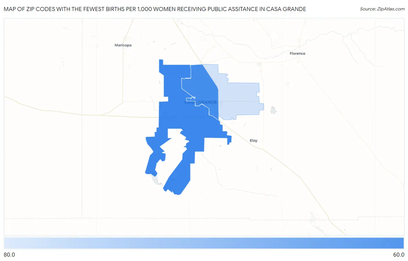 Zip Codes with the Fewest Births per 1,000 Women Receiving Public Assitance in Casa Grande Map