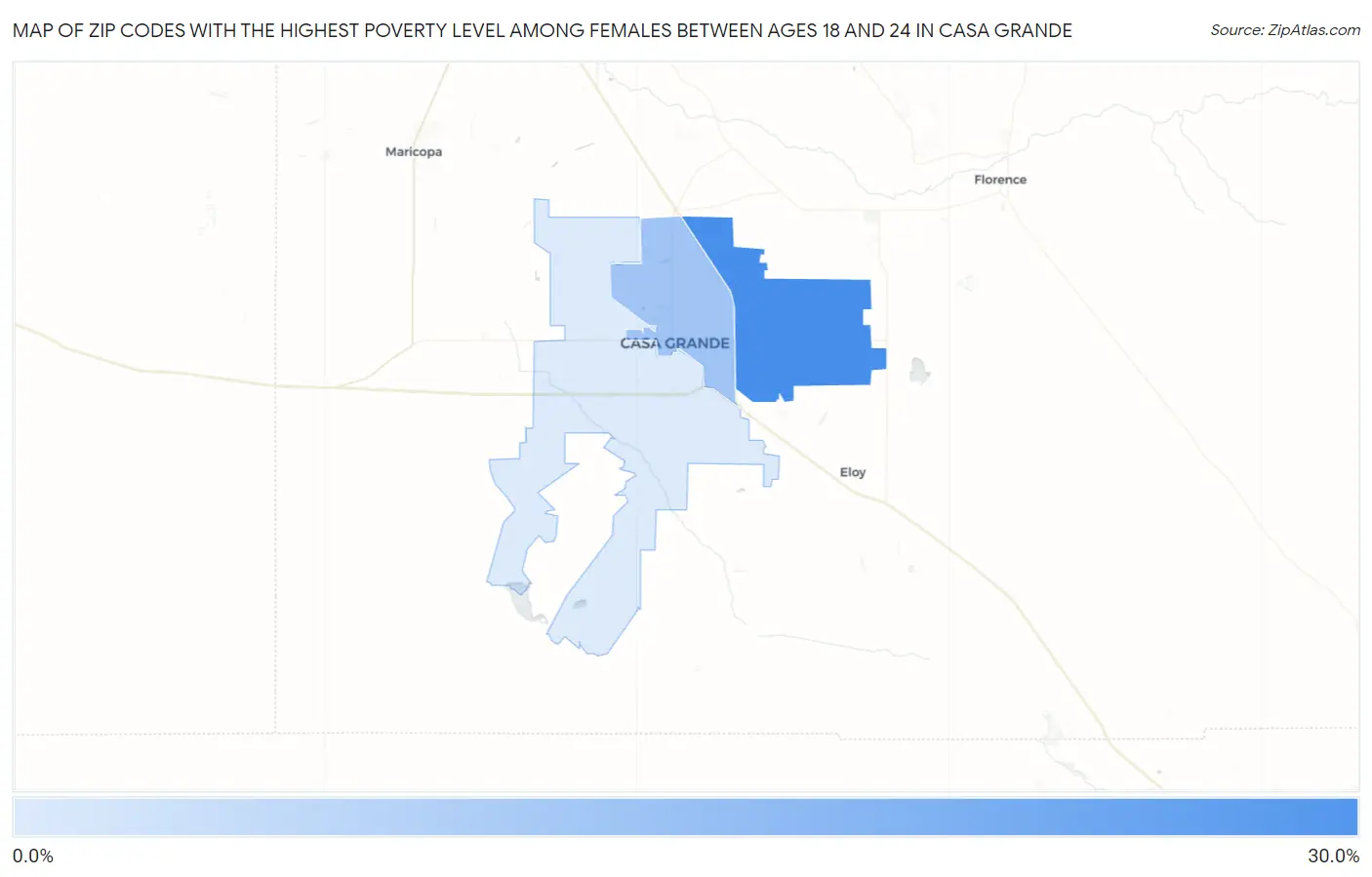 Zip Codes with the Highest Poverty Level Among Females Between Ages 18 and 24 in Casa Grande Map