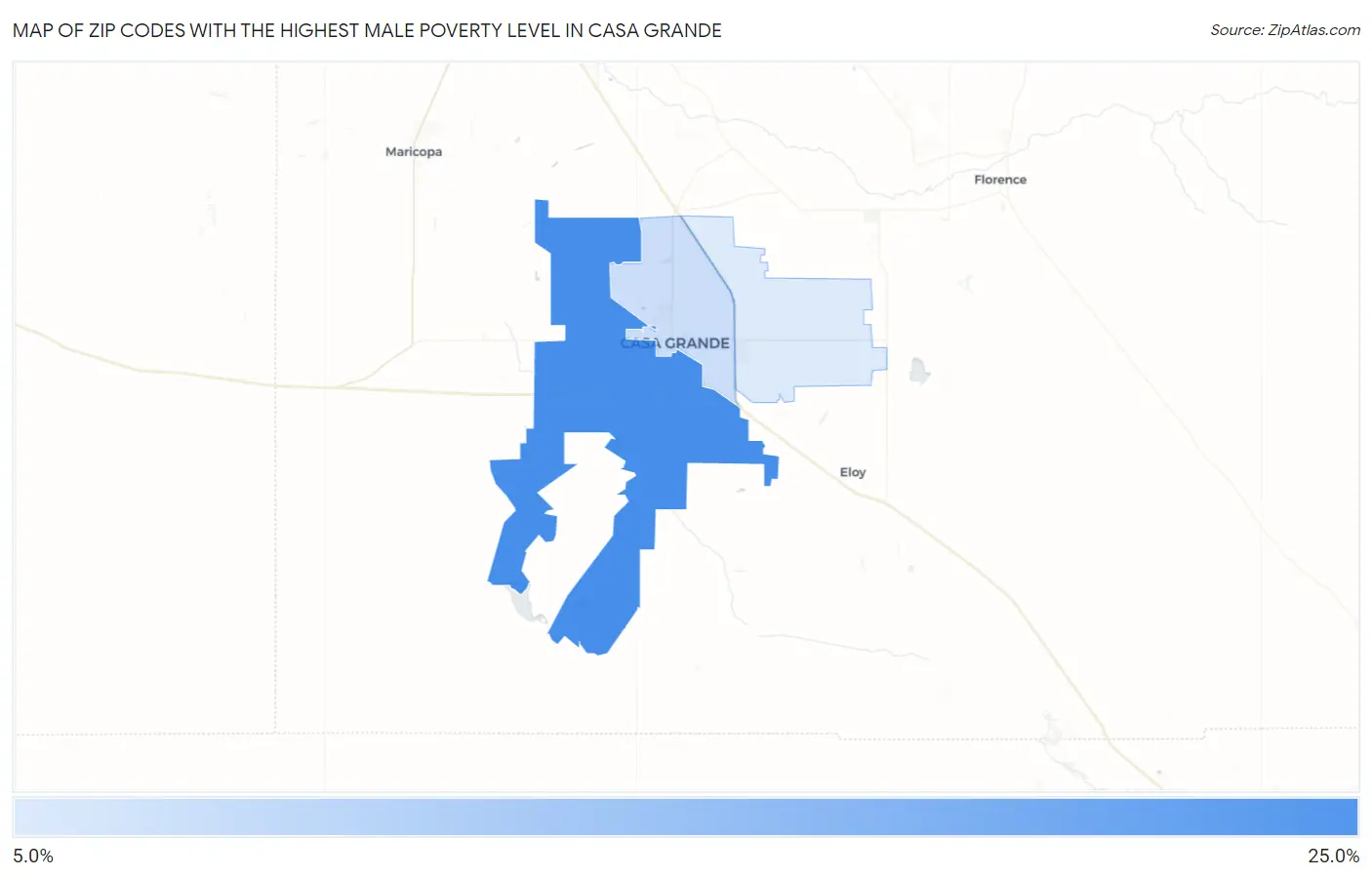 Zip Codes with the Highest Male Poverty Level in Casa Grande Map