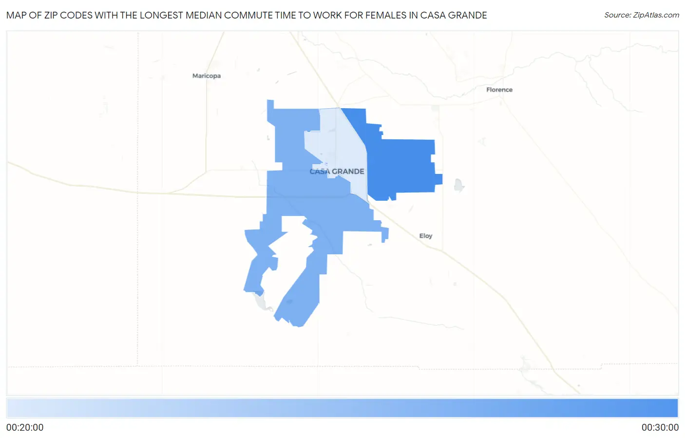 Zip Codes with the Longest Median Commute Time to Work for Females in Casa Grande Map