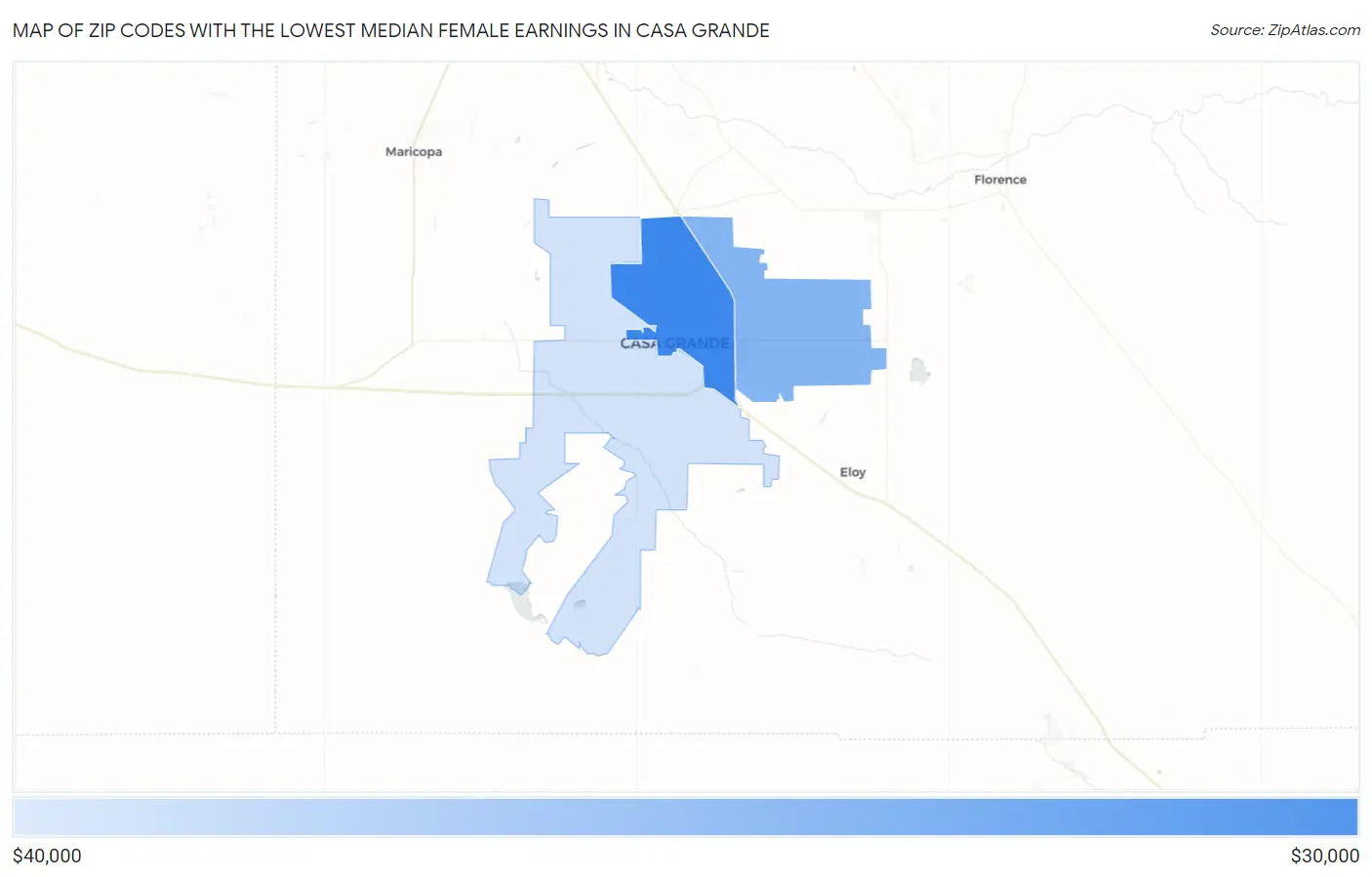 Zip Codes with the Lowest Median Female Earnings in Casa Grande Map