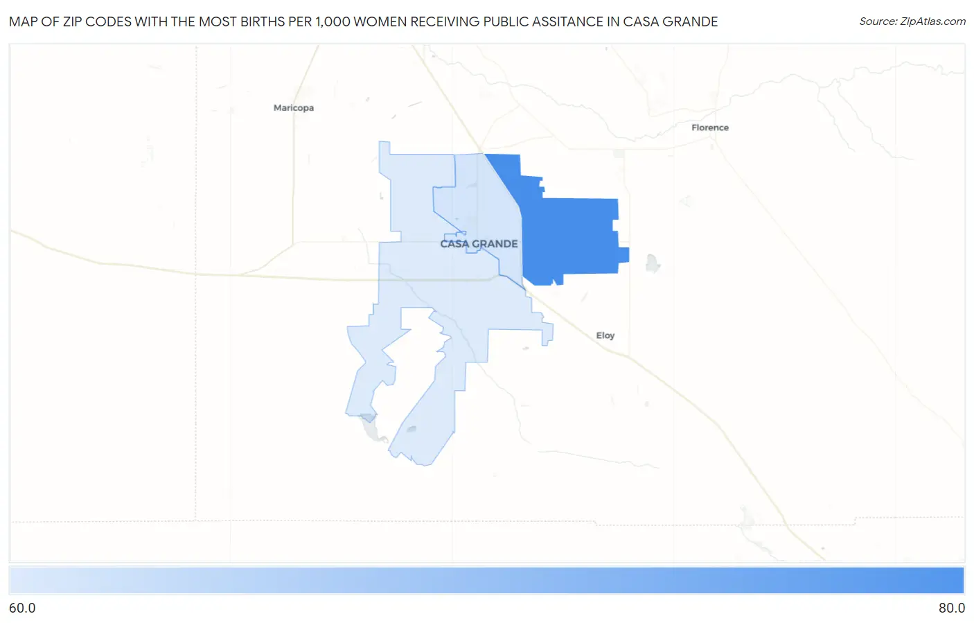 Zip Codes with the Most Births per 1,000 Women Receiving Public Assitance in Casa Grande Map