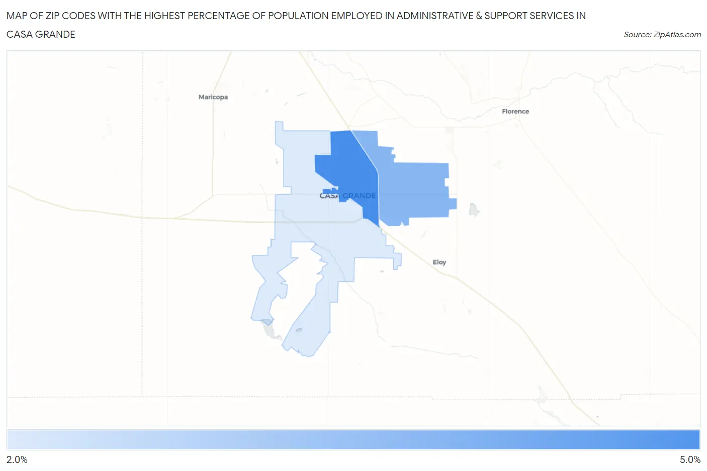 Zip Codes with the Highest Percentage of Population Employed in Administrative & Support Services in Casa Grande Map
