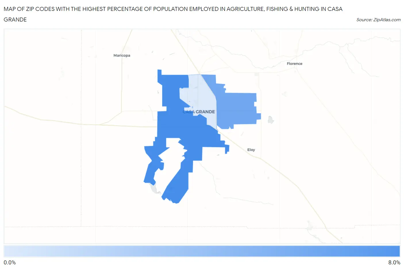 Zip Codes with the Highest Percentage of Population Employed in Agriculture, Fishing & Hunting in Casa Grande Map