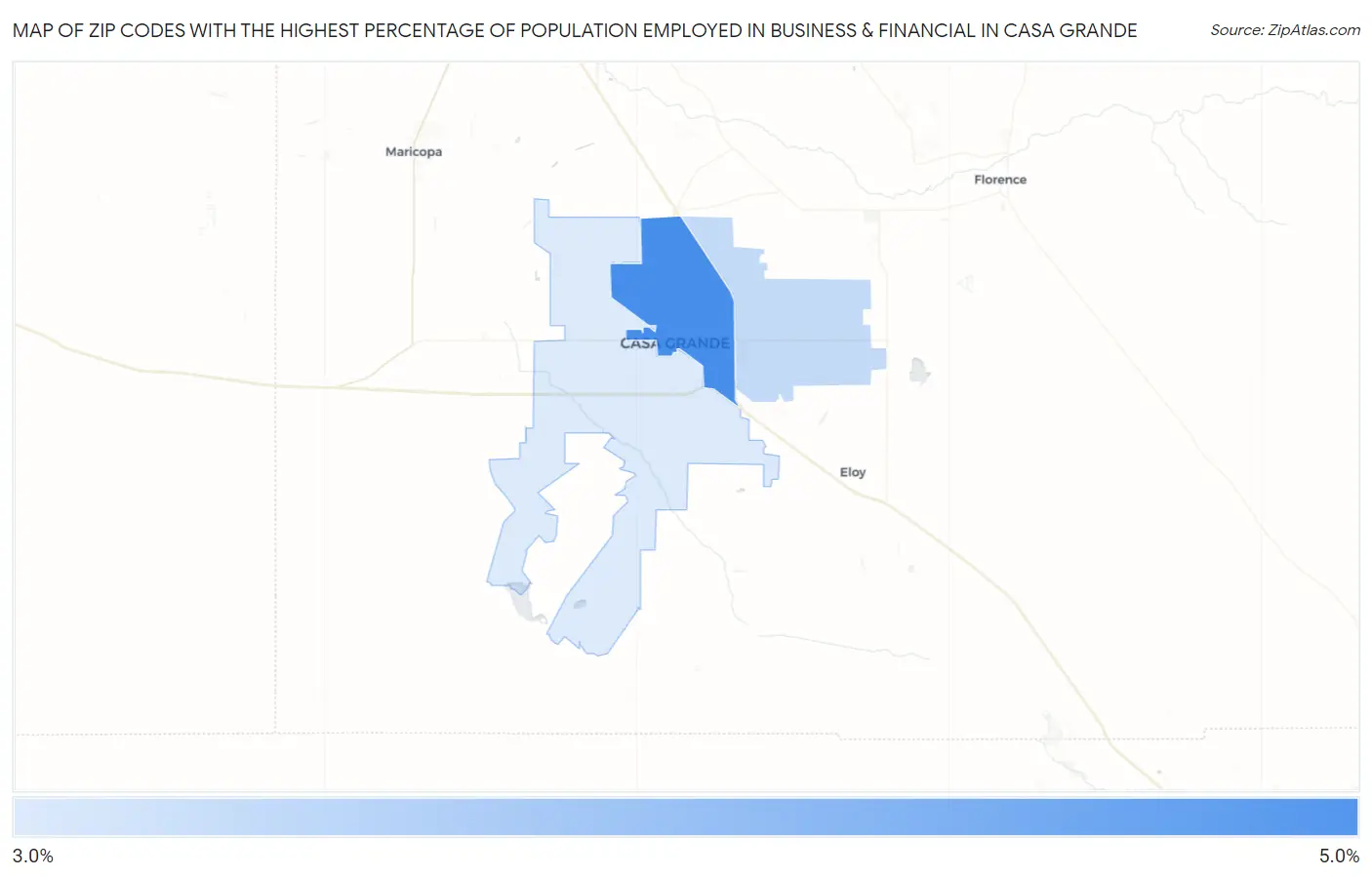 Zip Codes with the Highest Percentage of Population Employed in Business & Financial in Casa Grande Map