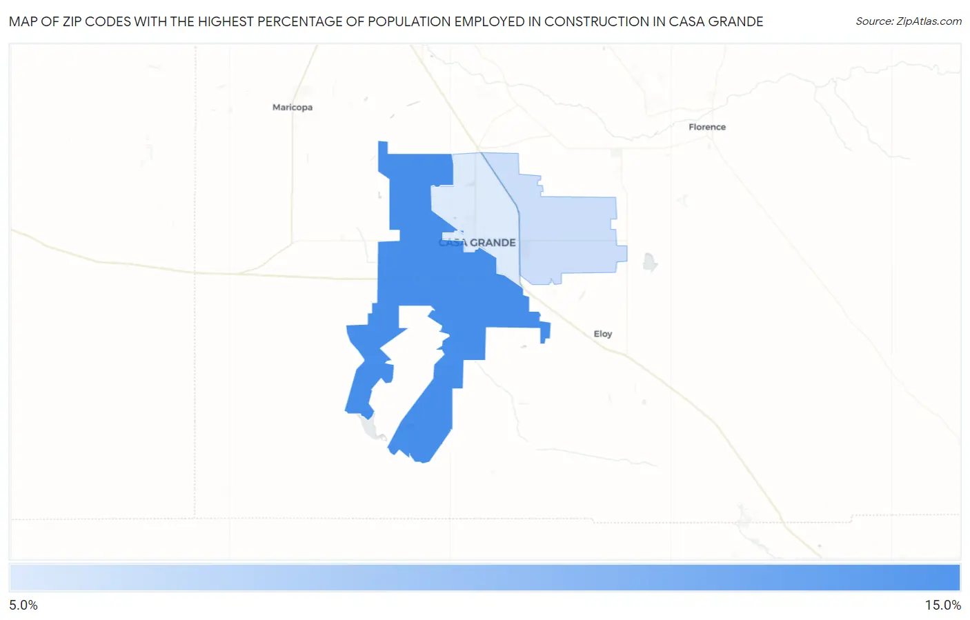 Zip Codes with the Highest Percentage of Population Employed in Construction in Casa Grande Map