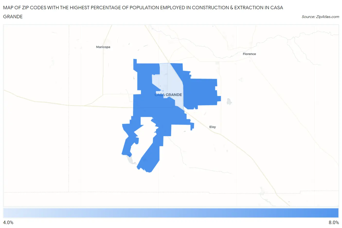 Zip Codes with the Highest Percentage of Population Employed in Construction & Extraction in Casa Grande Map