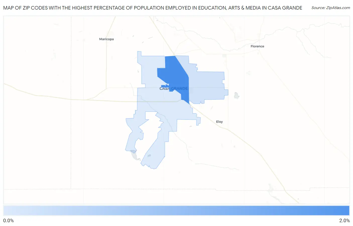 Zip Codes with the Highest Percentage of Population Employed in Education, Arts & Media in Casa Grande Map