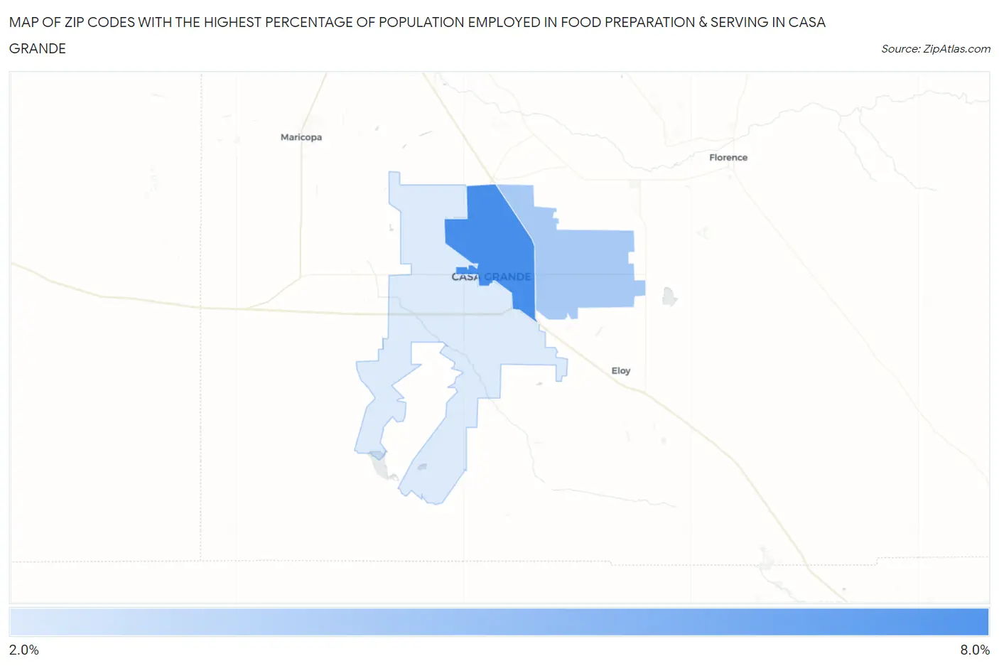 Zip Codes with the Highest Percentage of Population Employed in Food Preparation & Serving in Casa Grande Map